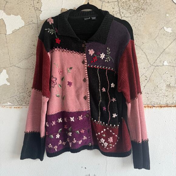Vintage Cardigan Patchwork Embroidered Sweater Boucle Knit Womens XL Cottagecore - Picture 1 of 7